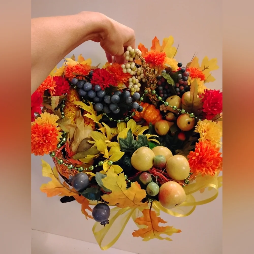 Autumn Harvest Cornucopia with Vibrant Accents Berries Leaves Beads Ribbons